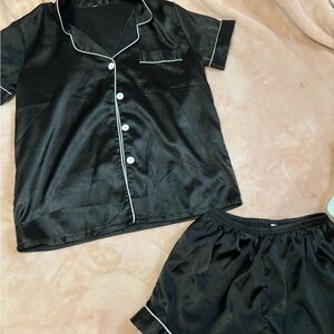 Black Satin Short Sleeve Pajama Set with Contrast Piping